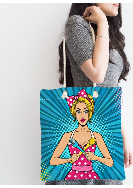 Mavi Zemini Popart Girl Desenli Fermuarlı Modern Kumaş Çanta fiyatları