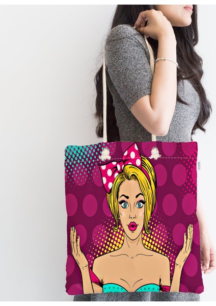 Fuşya Puanlı Popart Desenli Fermuarlı Modern Kumaş Çanta fiyatları