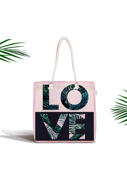 Love Yaprak Detaylı Özel Tasarım Fermuarlı Kumaş Çanta