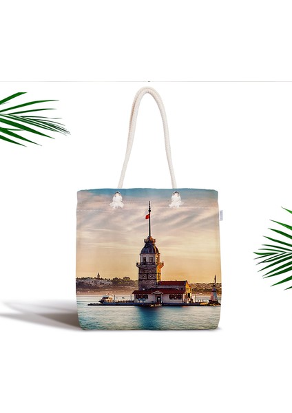 Kız Kulesi Dijital Baskılı Fermuarlı Modern Kumaş Çanta