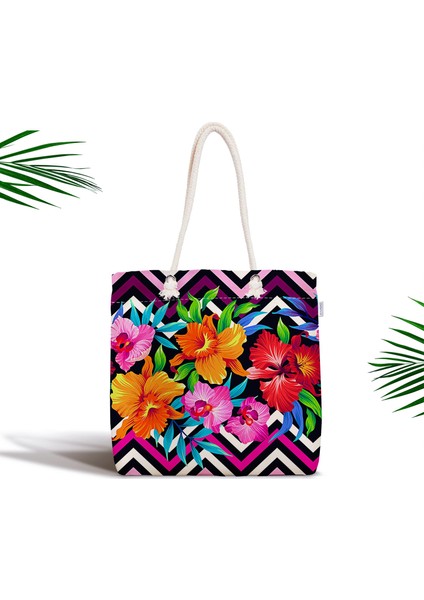 Zigzag ve Çiçekler Özel Tasarım Fermuarlı Modern Kumaş Çanta