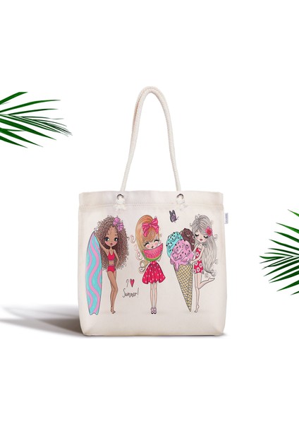 Summer Fashion Çizimli Dijital Baskılı Fermuarlı Plaj Çantası