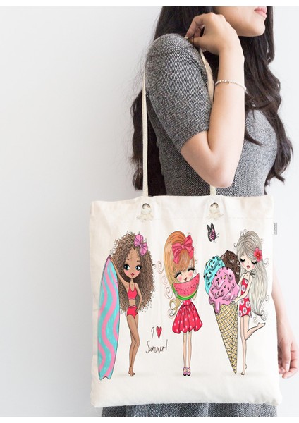 Summer Fashion Çizimli Dijital Baskılı Fermuarlı Plaj Çantası