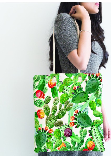 Watercolor Kaktüs Dijital Baskılı Fermuarlı Dijital Kumaş Çanta