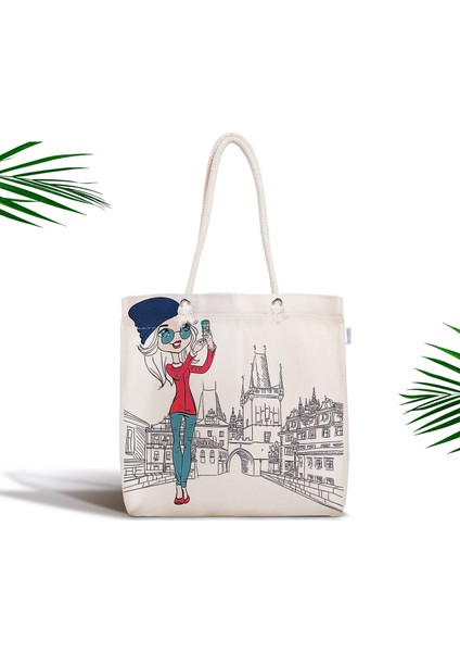 Fashion Çizim Desenli Dijital Baskılı Fermuarlı Kumaş Çanta