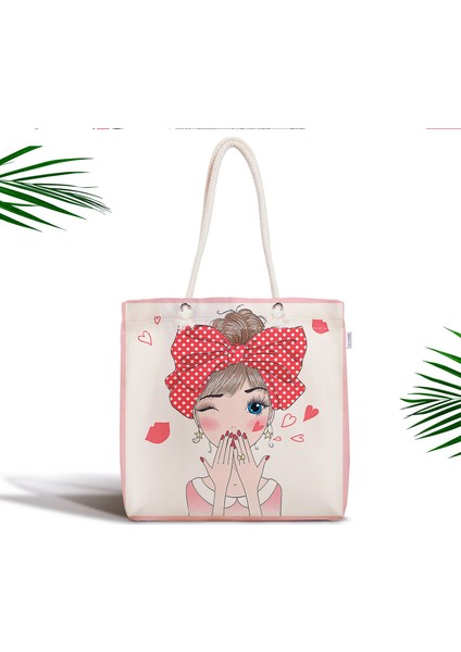 Fashion Girl Dijital Baskılı Modern Fermuarlı Kumaş Çanta