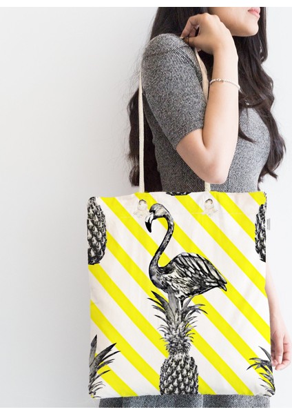 Flamingo Temalı Dijital Baskılı Fermuarlı Kumaş Çanta fiyatları