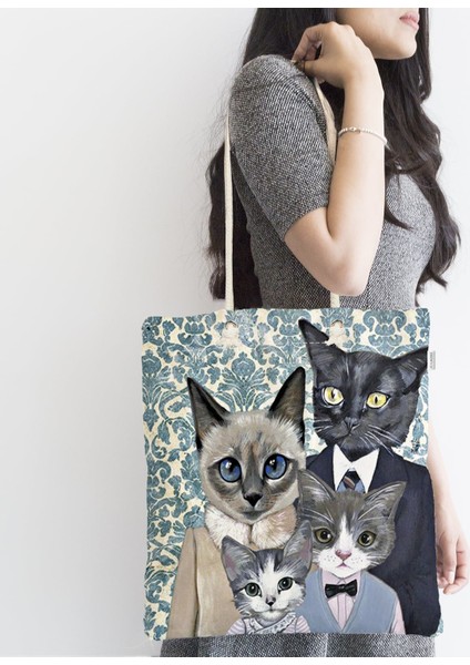 Kedi Ailesi Özel Tasarım Dijital Baskılı Fermuarlı Kumaş Çanta fiyatları