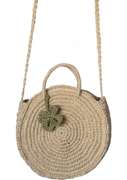 Dört Yapraklı Yonca Detaylı Jüt Örgü Model Kadın Hasır Çanta