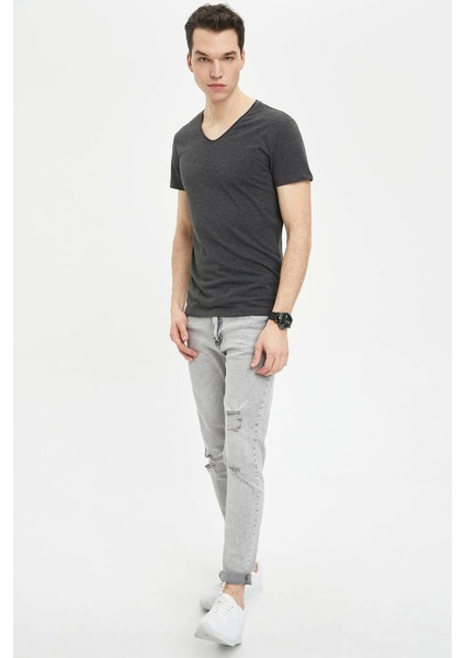 Slim Fit Bisiklet Yaka Basic Kısa Kollu Antrasit Tişört M4792AZ20SP