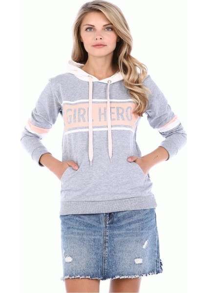 Beyaz Kapşonlu Baskılı Kol Detaylı Gri Sweat Shirt