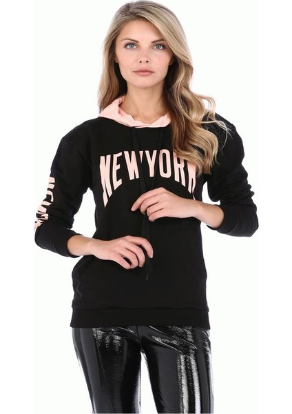 Kapşonlu Kol ve Göğüs Baskılı Siyah Sweat Shirt