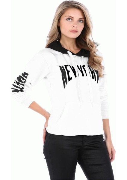 Kapşonlu Kol ve Göğüs Baskılı Beyaz Sweat Shirt