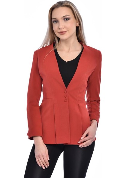 Düğme ve Pile Detaylı Blazer Kiremit Ceket