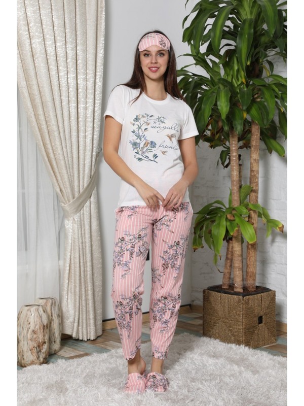 Pijama Evi Somon Kuş Çiçek Desenli Sabahlıklı Pijama Takımı Fiyatı