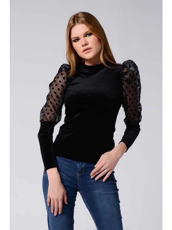 Siyah Kolu Puantiyeli Tul Detayli Kadin Bluz Modelleri Armalife