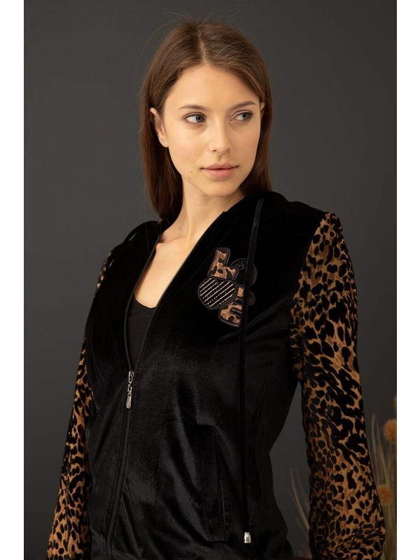 Sementa Kadin Kolu Leopar Desenli Kapusonlu Kadife Esofman Fiyati