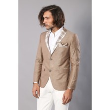 Wessi Yaka ve Cep Ekose Garnili Bej Keten Ceket