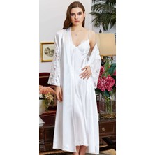 Jeremi 1025 Çeyizlik İpek Saten Dantelli Uzun Altılı Takım - Ekru