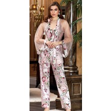 Jeremi 3053 Çeyizlik İpek Saten Üçlü Pijama Takımı - Pudra
