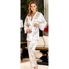 Jeremi 3080 Çeyizlik İpek Saten Dörtlü Büstiyerli Pijama Takımı - Krem