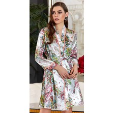 Jeremi 3139 Çeyizlik İpek Saten İkili Kısa Gecelik Sabahlıklı Takım - Krem