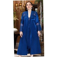 Jeremi 3250 İpek Saten Battal İkili Uzun Gecelik Sabahlık Takım - Lacivert