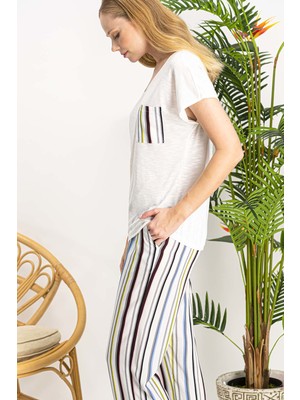 Arnetta Colour Lines Krem Kadın Pijama Takımı
