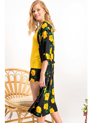 Arnetta Yellow Rose Sarı Kadın Homewear Kimono,Şort Takım