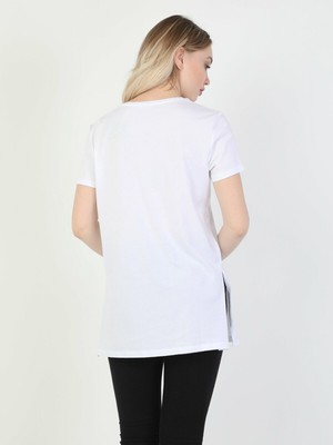 Colins  Regular Fit Bisiklet Yaka Kadın Beyaz Kısa Kol Tişört