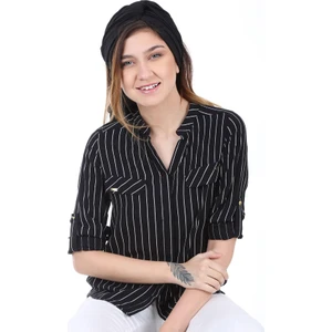 3455 Çizgili Aksesuarlı Kadın Gömlek