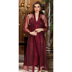 3039 Çeyizlik İpek Saten Dantelli İkili Uzun Gecelik Sabahlıklı Takım - Bordo