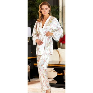 3080 Çeyizlik İpek Saten Dörtlü Büstiyerli Pijama Takımı - Krem