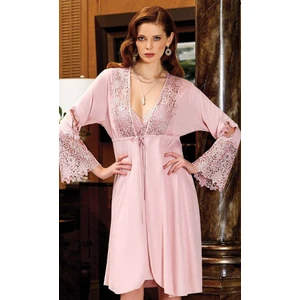 561 Çeyizlik Penye Dantelli Kısa Altılı Gecelik Sabahlık Takım - Pudra