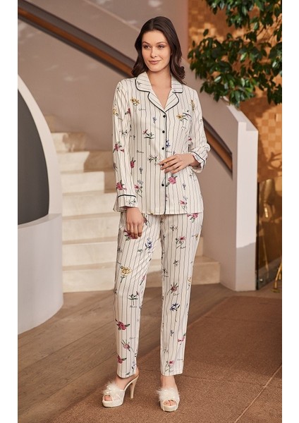 Çizgili Çiçekli Dokuma Pijama Takımı