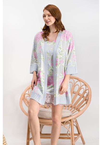 Violet Açık Gri Kadın Kimono, Gecelik 2'Li Takım