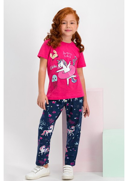 Summer Unicorn Fuşya Kız Çocuk Pijama Takımı