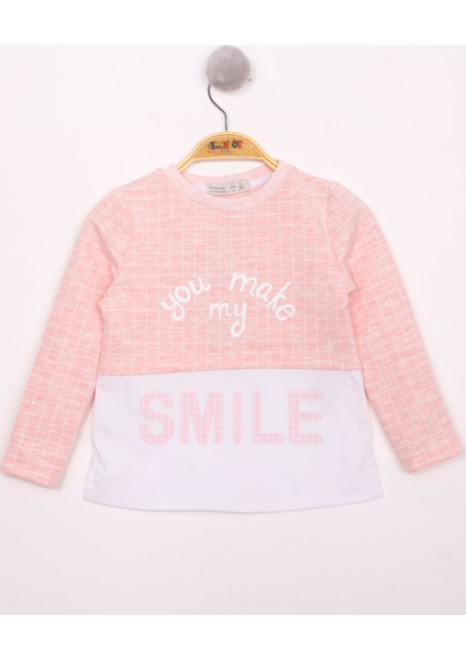 Kız Çocuk Kareli Kumaşlı Smile Baskılı T-Shirt