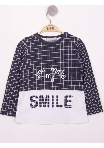 Kız Çocuk Kareli Kumaşlı Smile Baskılı T-Shirt