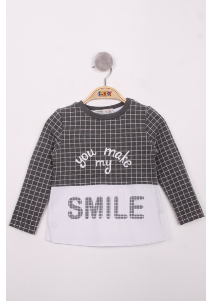 Kız Çocuk Kareli Kumaşlı Smile Baskılı T-Shirt
