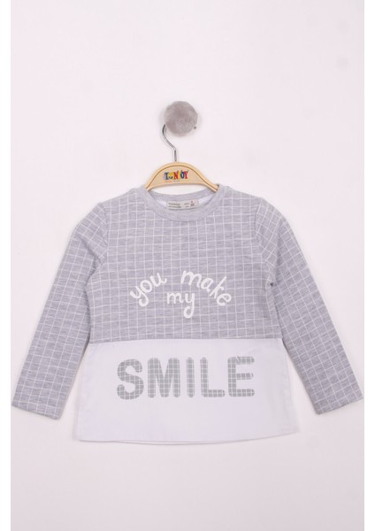 Kız Çocuk Kareli Kumaşlı Smile Baskılı T-Shirt