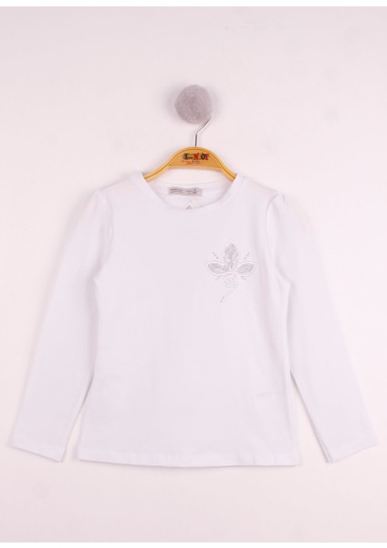 Kız Çocuk Göğsü Çiçek Nakışlı T-Shirt