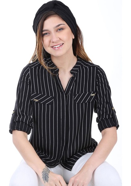 3455 Çizgili Aksesuarlı Kadın Gömlek