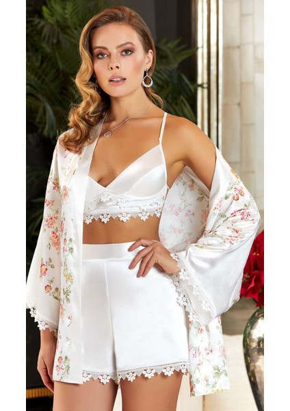 3080 Çeyizlik İpek Saten Dörtlü Büstiyerli Pijama Takımı - Krem fiyatları