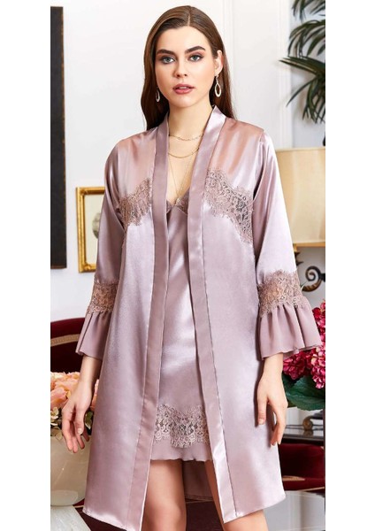 3119 Çeyizlik İpek Saten İkili Kısa Gecelik Sabahlıklı Takım - Vizon