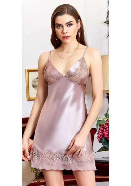 3119 Çeyizlik İpek Saten İkili Kısa Gecelik Sabahlıklı Takım - Vizon fiyatları