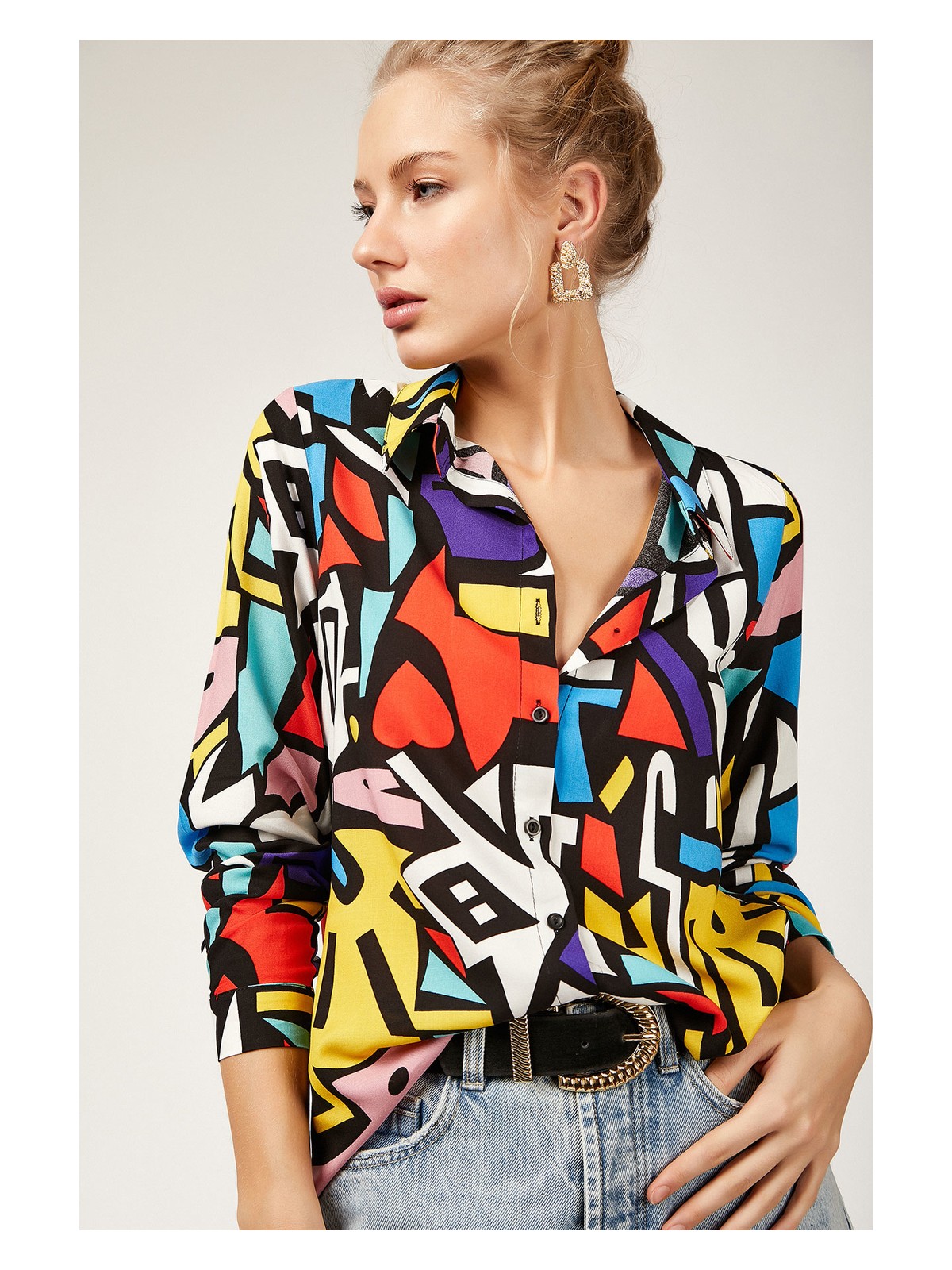 Bigdart 3721 Mix Grafik Desenli Viskon Gömlek - Görsel 4