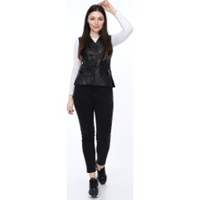 Deri Alanzo Siyah Kadın Deri Yelek