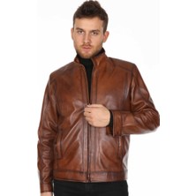 Derimont Deri Erkek Taba Düz Spor Deri Mont