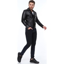 Derimont Deri Jeremy Yandan Fermuarli Siyah Erkek Deri Ceket